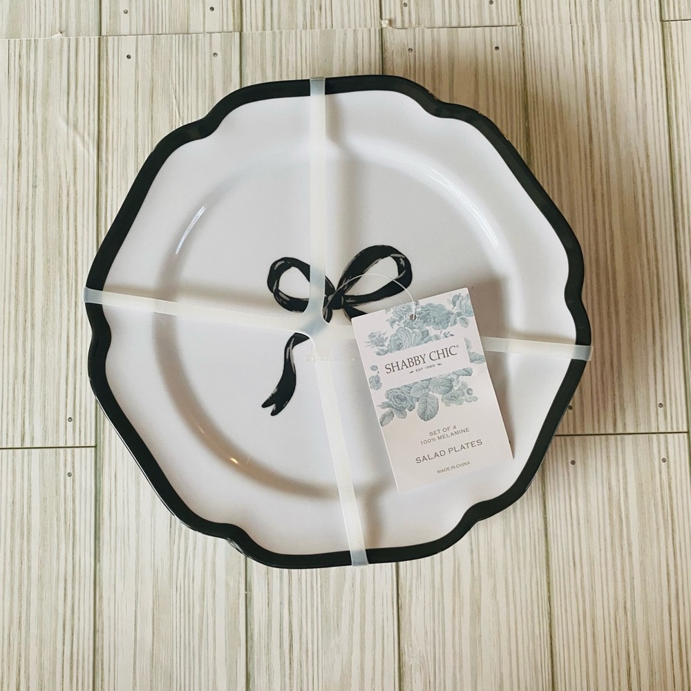 SHABBY CHIC Set of 4 Black Bow Melamine Salad Plates with flaws